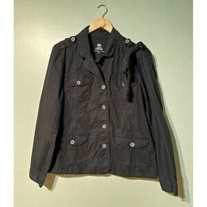 Women's Faded Glory Black Button Up Utility Jacket - Size L - With Shoulder Bow